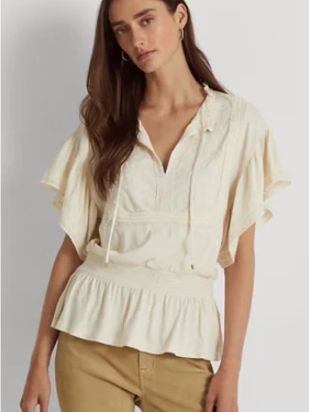 Women's Cream Peplum Lace-Trim Blouse